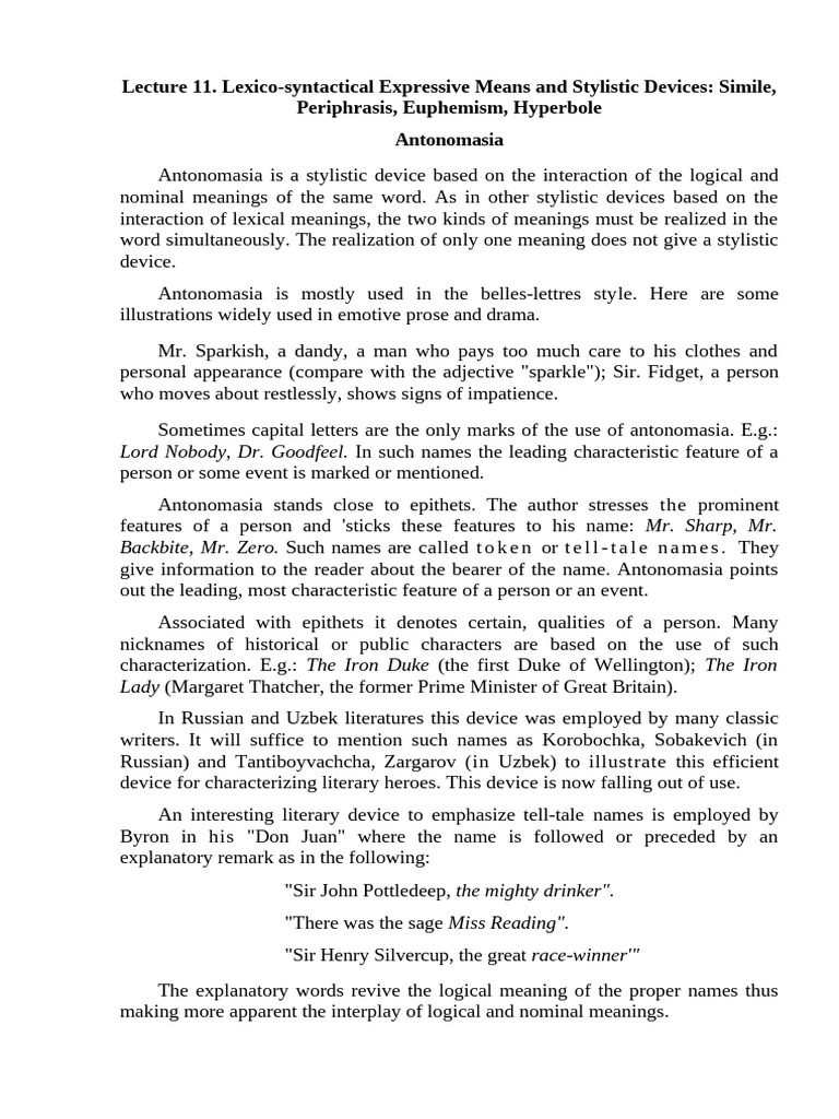 Antonomasia and Stylistic Devices | PDF | Metaphor | Linguistics