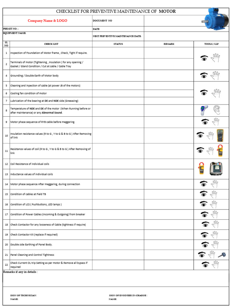 Motor Preventive Maintenance Checklist | PDF