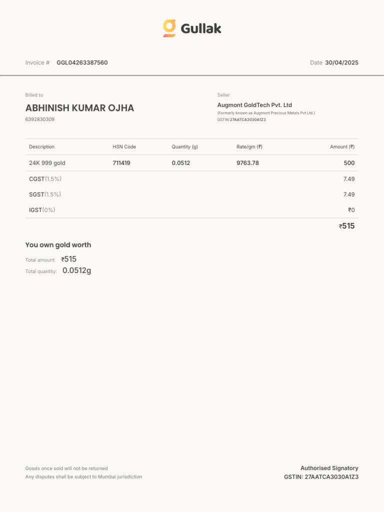 Gold Invoice for Augmont Purchase | PDF