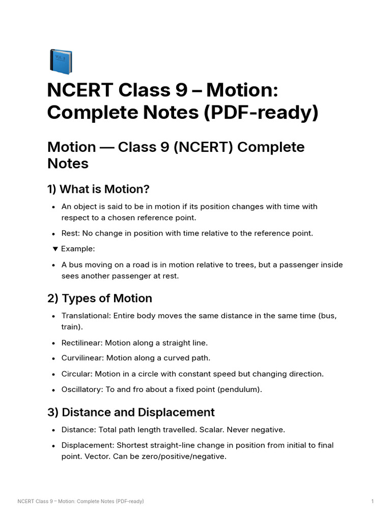 NCERT Class 9 Motion Study Notes | PDF | Acceleration | Velocity