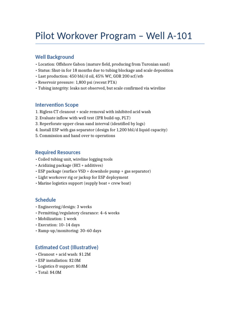 Offshore Well A-101 Workover Program | PDF