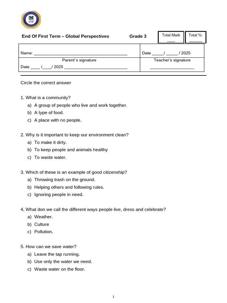Grade 3 Global Perspectives Assessment | PDF | Waste | Chess