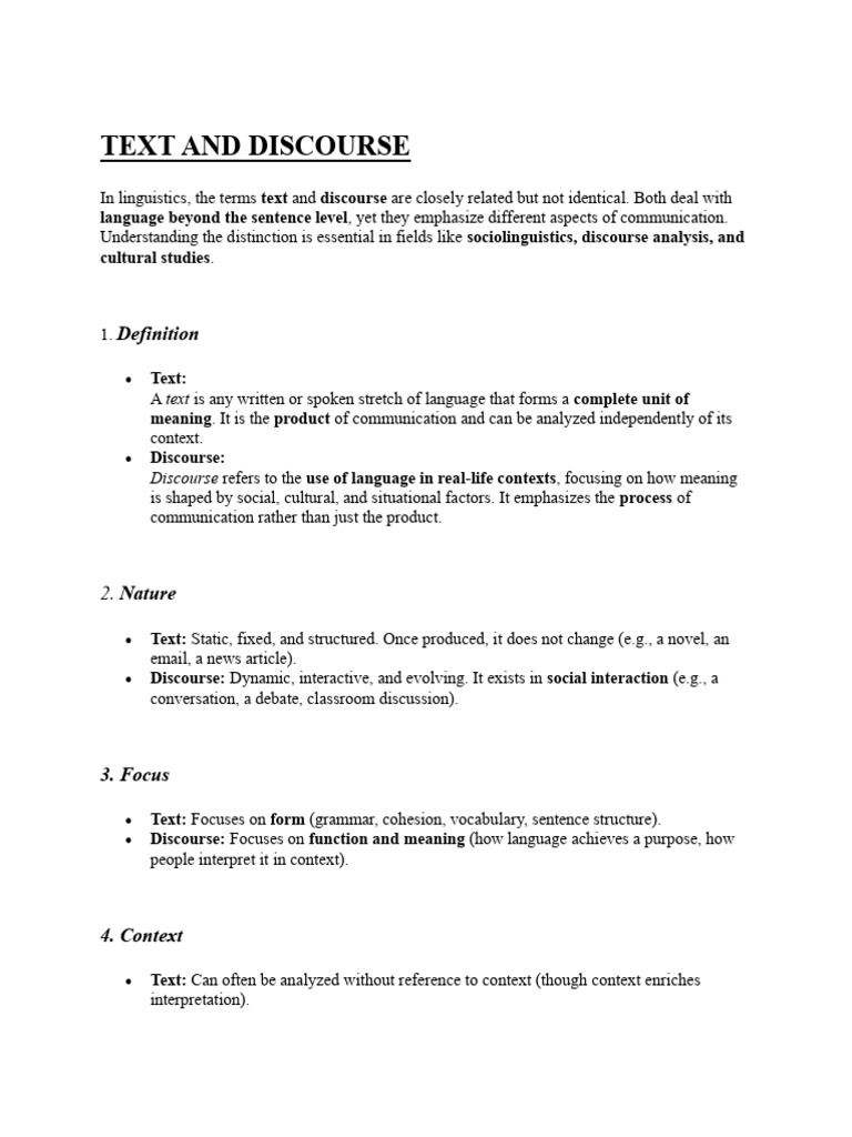 Text vs. Discourse in Linguistics | PDF | Discourse | Semantics