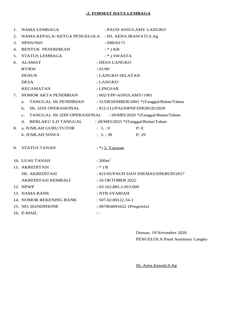 Data Lembaga PAUD Assulamy Langko | PDF