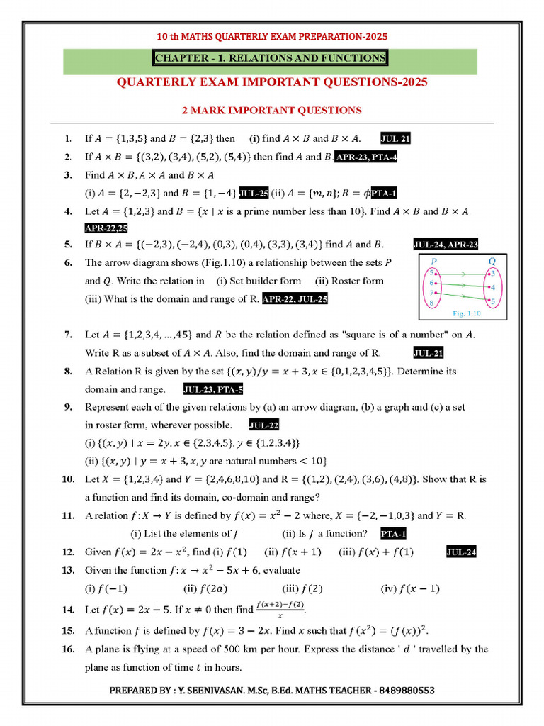10 TH Maths Quarterly Questions 2025 1 | PDF