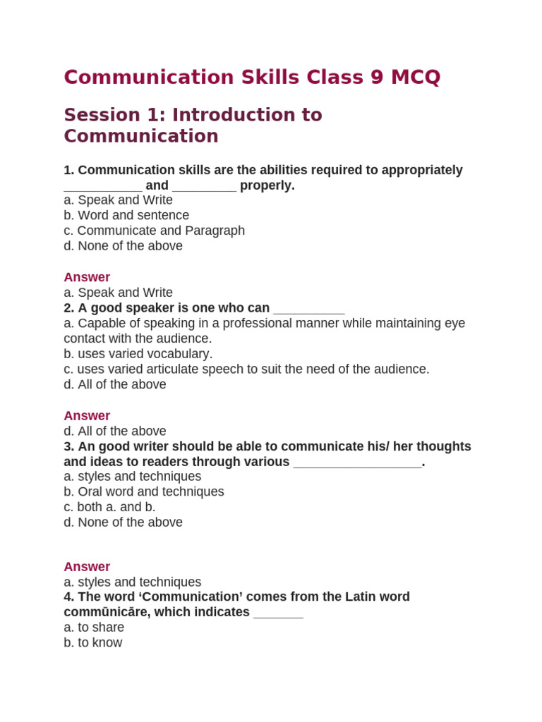 Class 9 Communication Skills MCQ | PDF | Communication | Verb