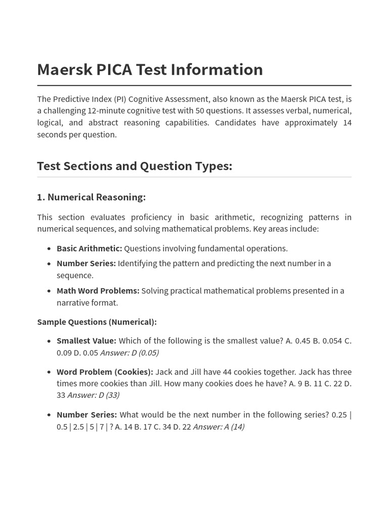 Maersk PICA Test Overview and Sample Questions | PDF | Reason | Mathematics