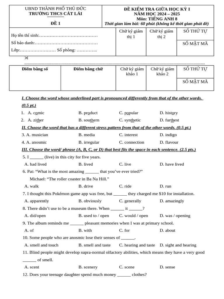 English Test Paper for Grade 8 | PDF | Taste | Umami
