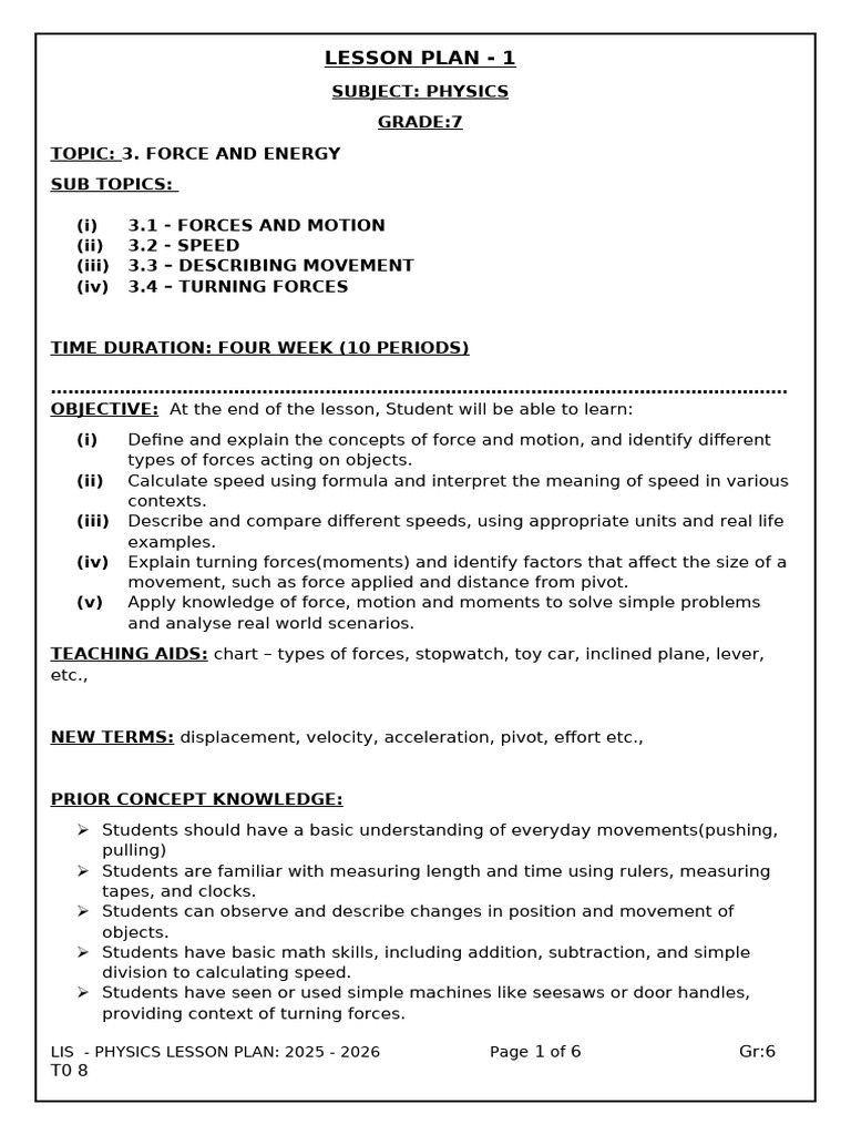 Grade 7 Physics Lesson Plan: Force & Energy | PDF | Pressure | Force