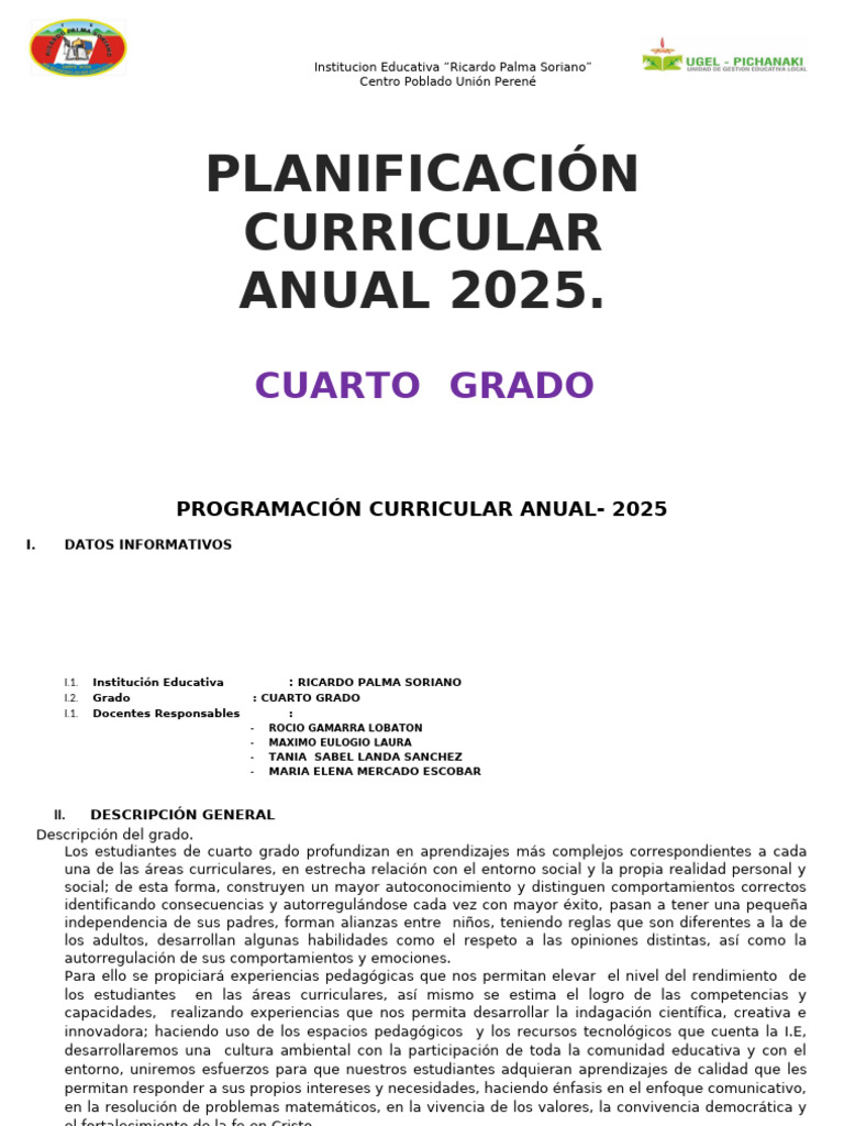 Programación Curricular Cuarto Grado 2025 | PDF | Sustracción | Evaluación