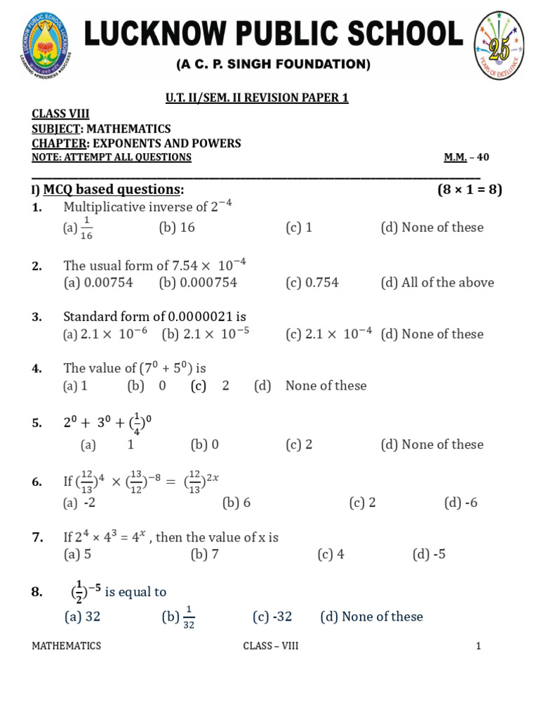 Class 8 Exponents and Powers Quiz | PDF | Rational Number | Integer