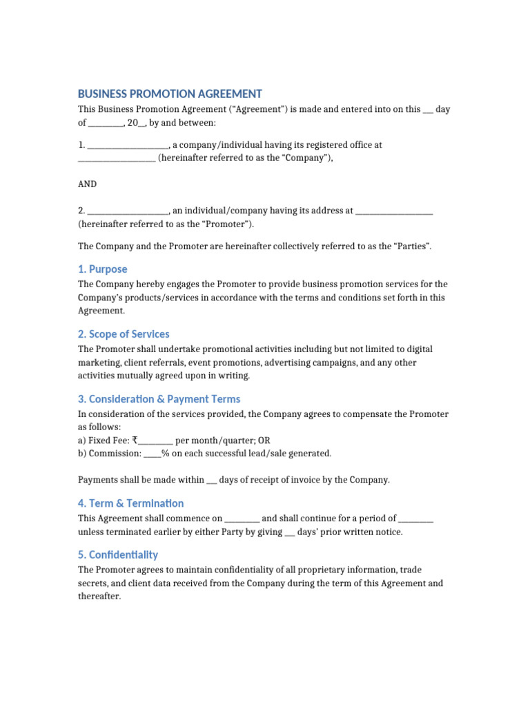 Business Promotion Agreement Template | PDF | Indemnity | Private Law