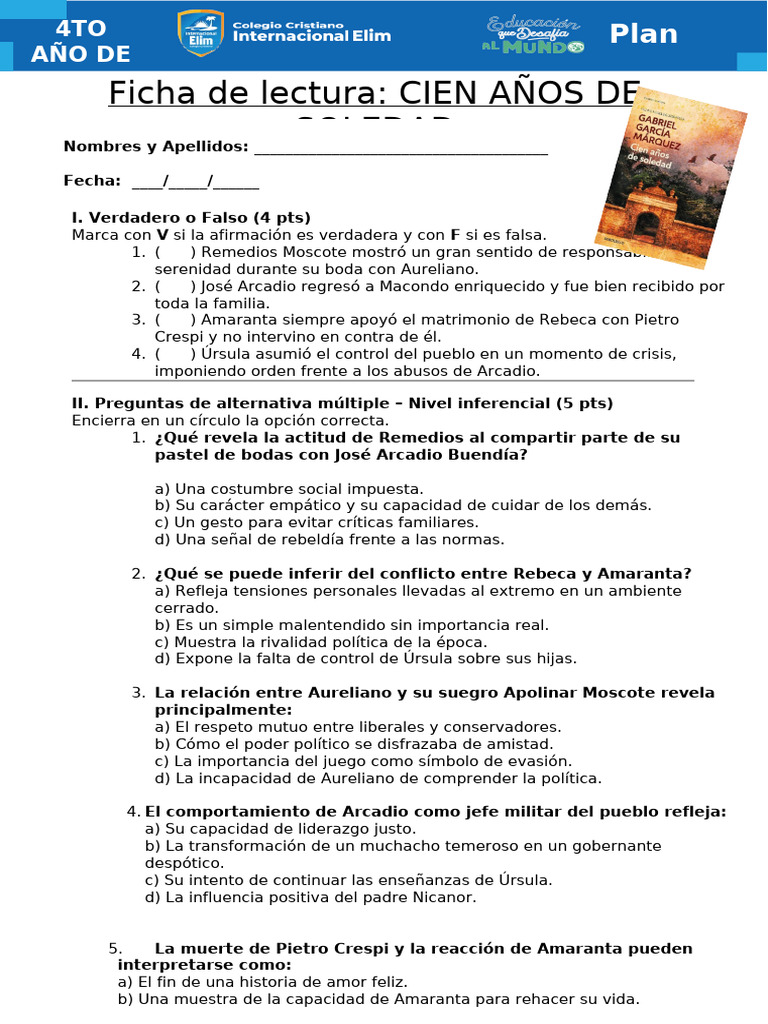 Ficha De Lectura JCIEN A OS DE SOLEDAD Capitulo 5 Y 6 PDF