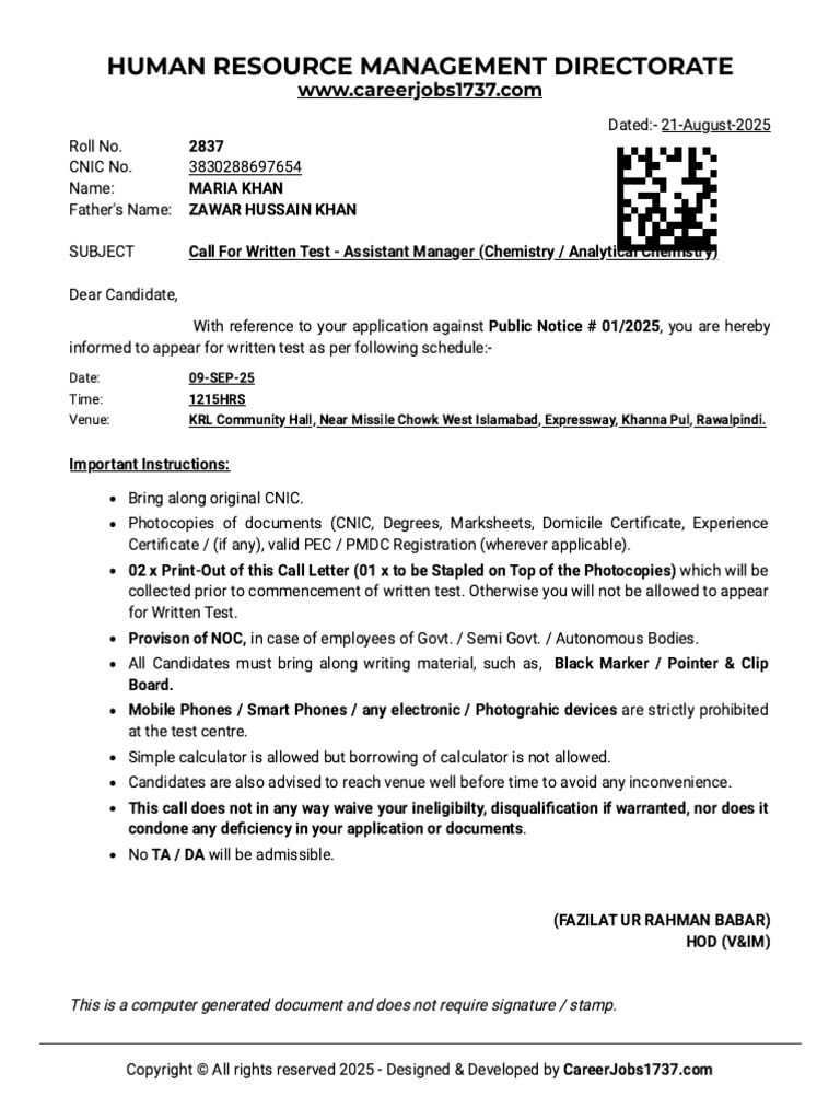 Assistant Manager Test Call Letter | PDF