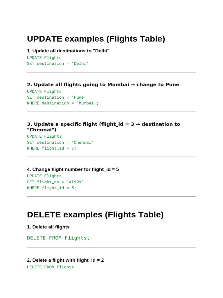 SQL Update and Delete Examples for Flights | PDF