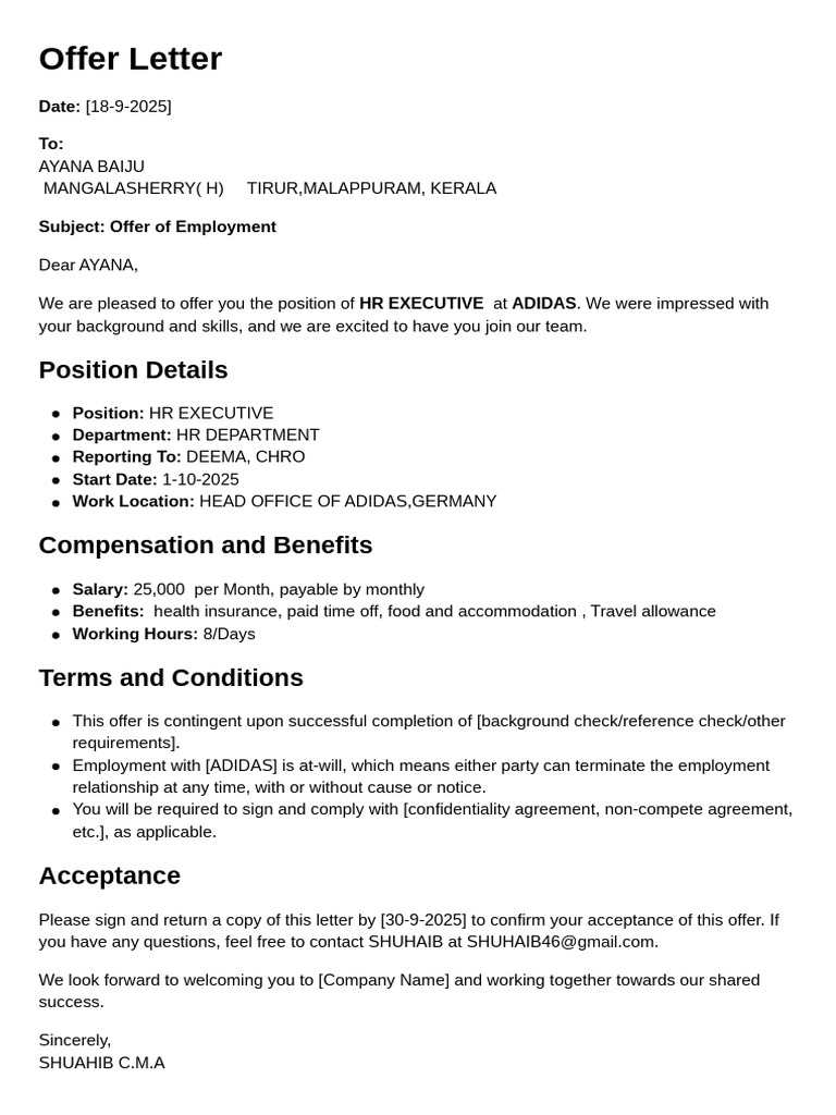 HR Executive Offer Letter from Adidas | PDF