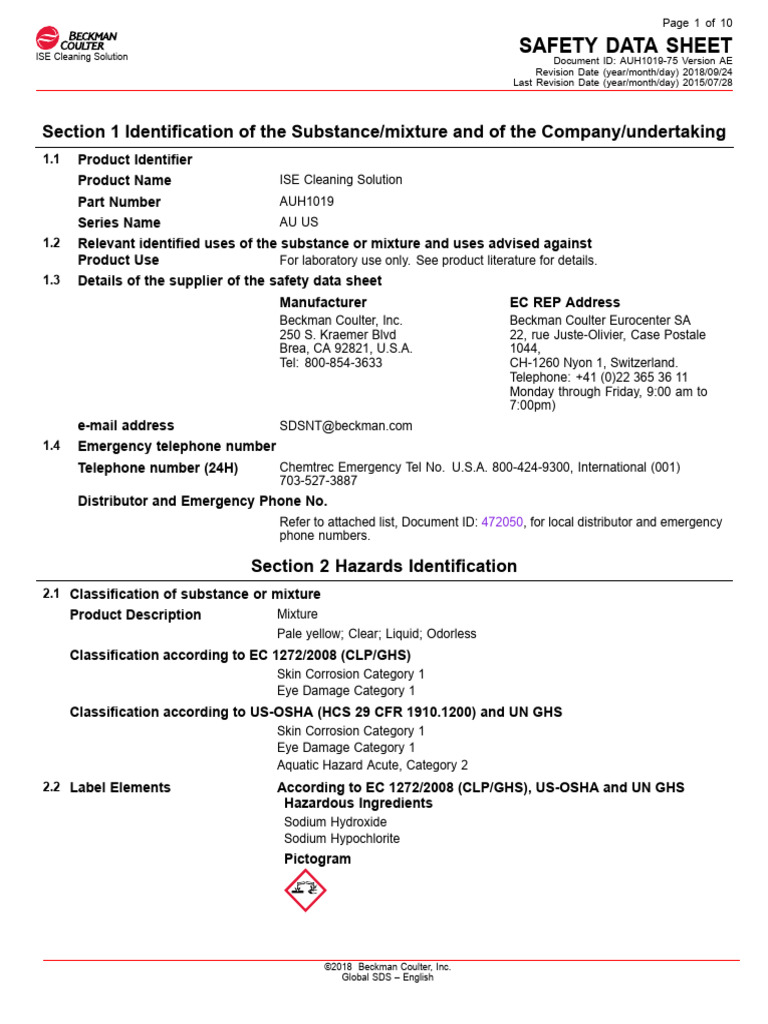 ISE Cleaning Solution Safety Data Sheet | PDF | Toxicity | Chemistry