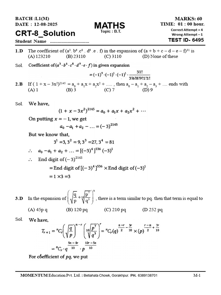Learner CRT-08 BT (12!08!2025) - Solution | PDF | Chess Theory | Chess
