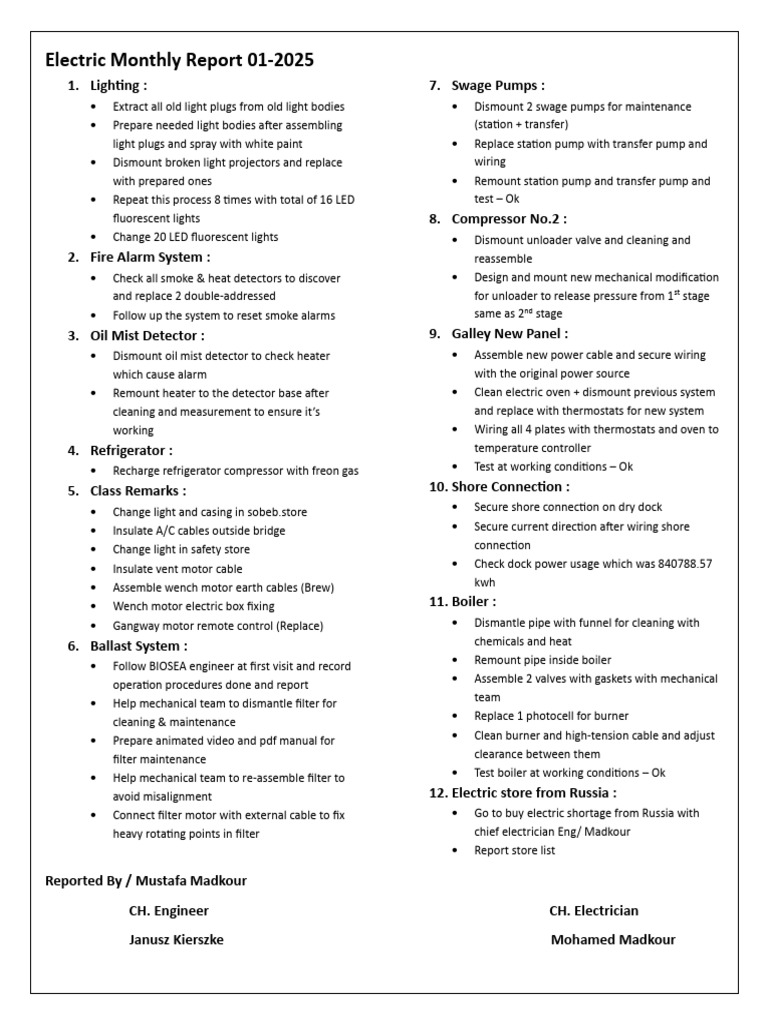 January 2025 Electric Maintenance Report | PDF | Refrigerator ...