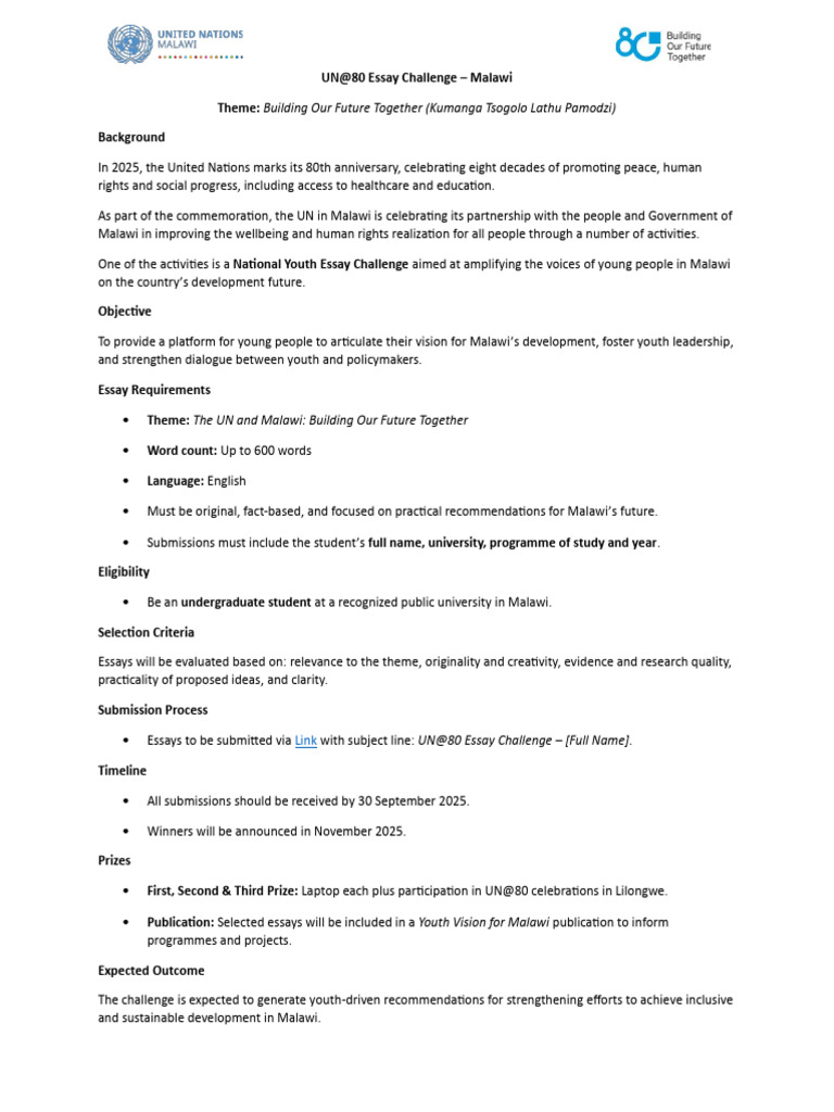 UN@80 Essay Challenge for Malawian Youth | PDF