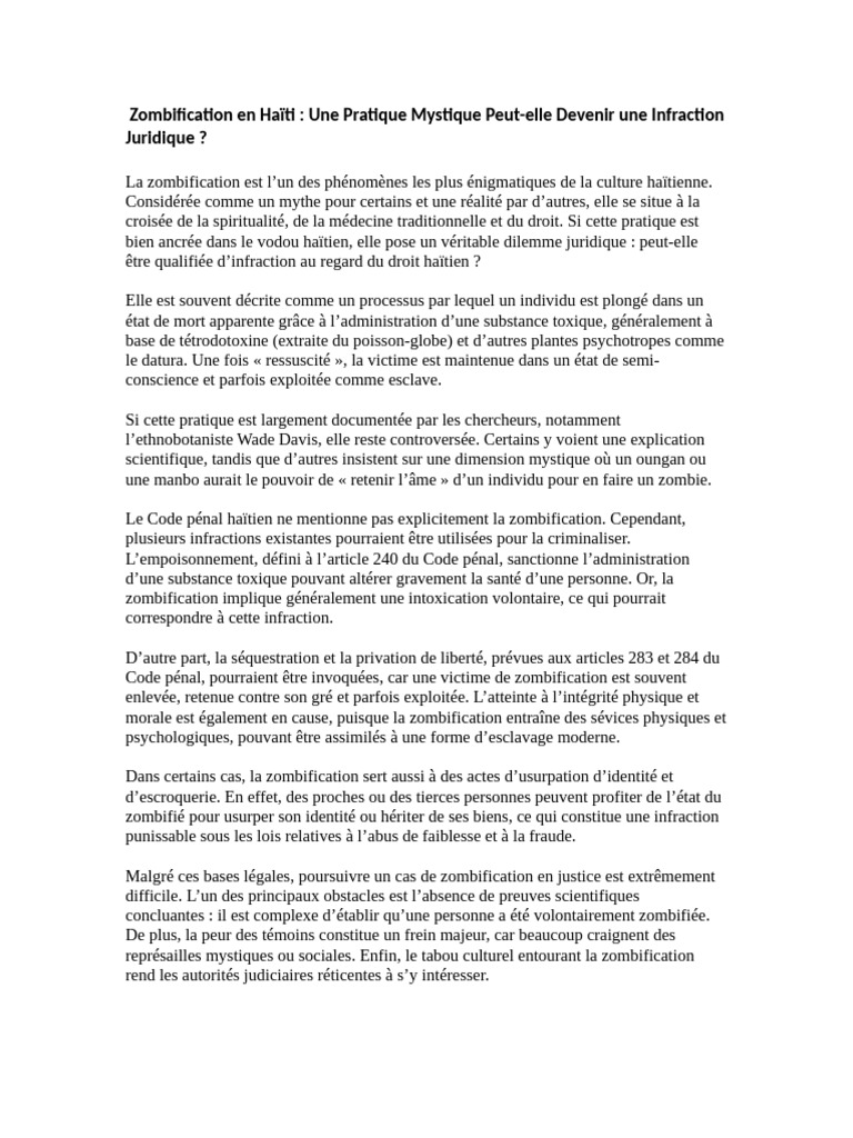 Zombification en Haïti : Enjeux Juridiques | PDF | Crimes | Crime et ...