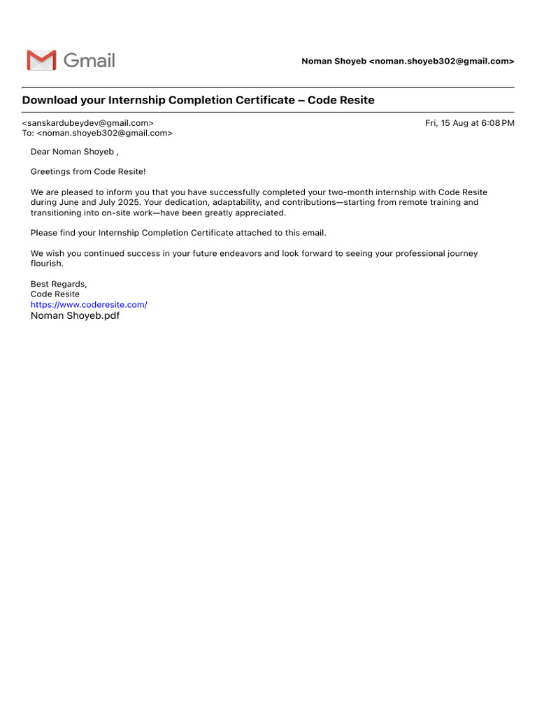 Internship Completion Certificate - Code Resite | PDF