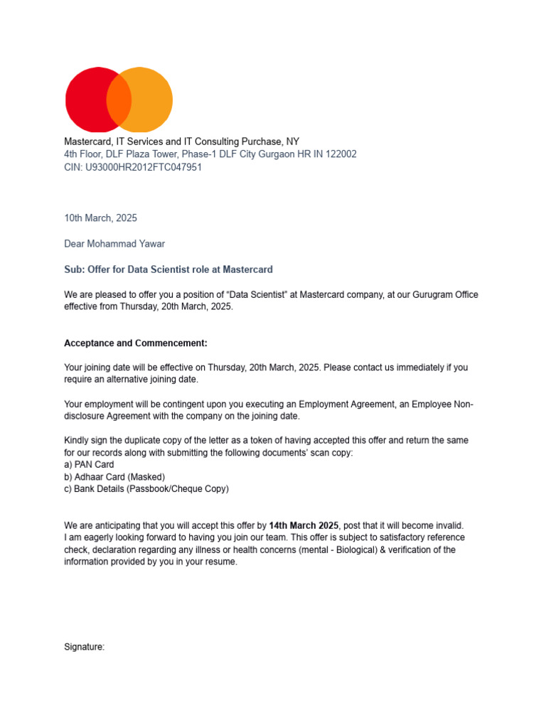 Mastercard Data Scientist Offer Letter | PDF | Employment | Business