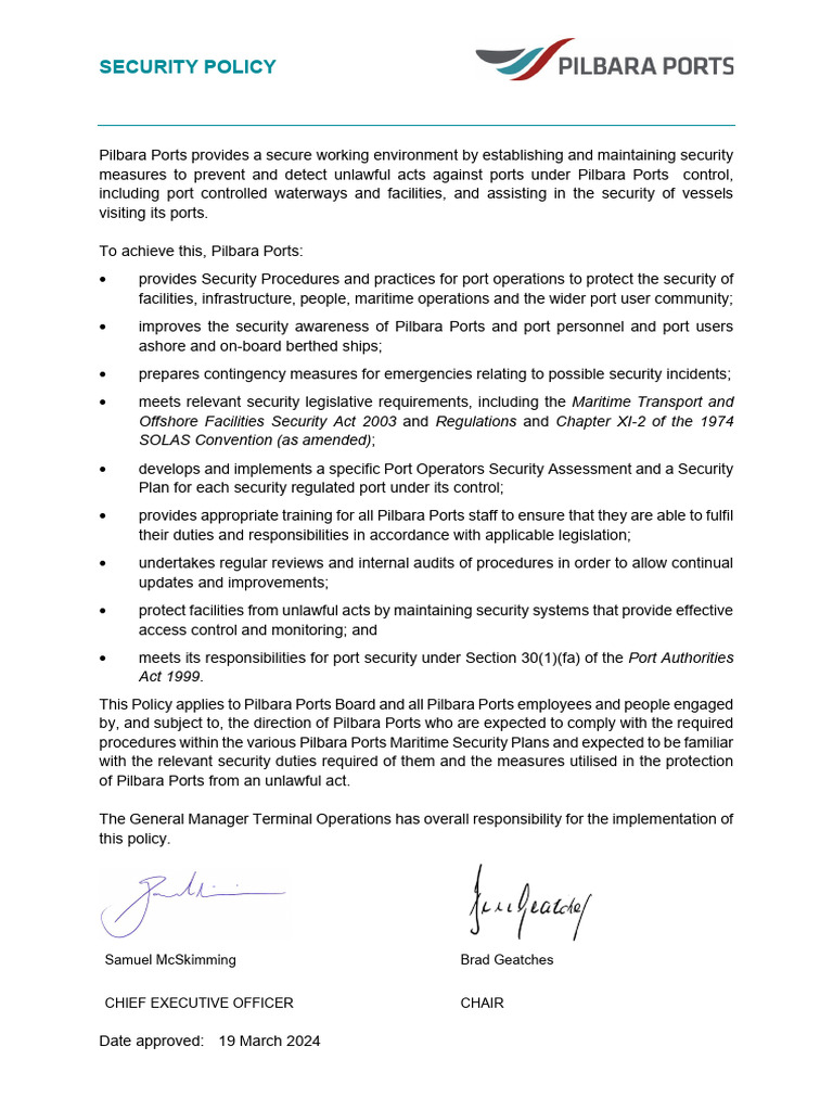 Pilbara Ports Maritime Security Policy | PDF
