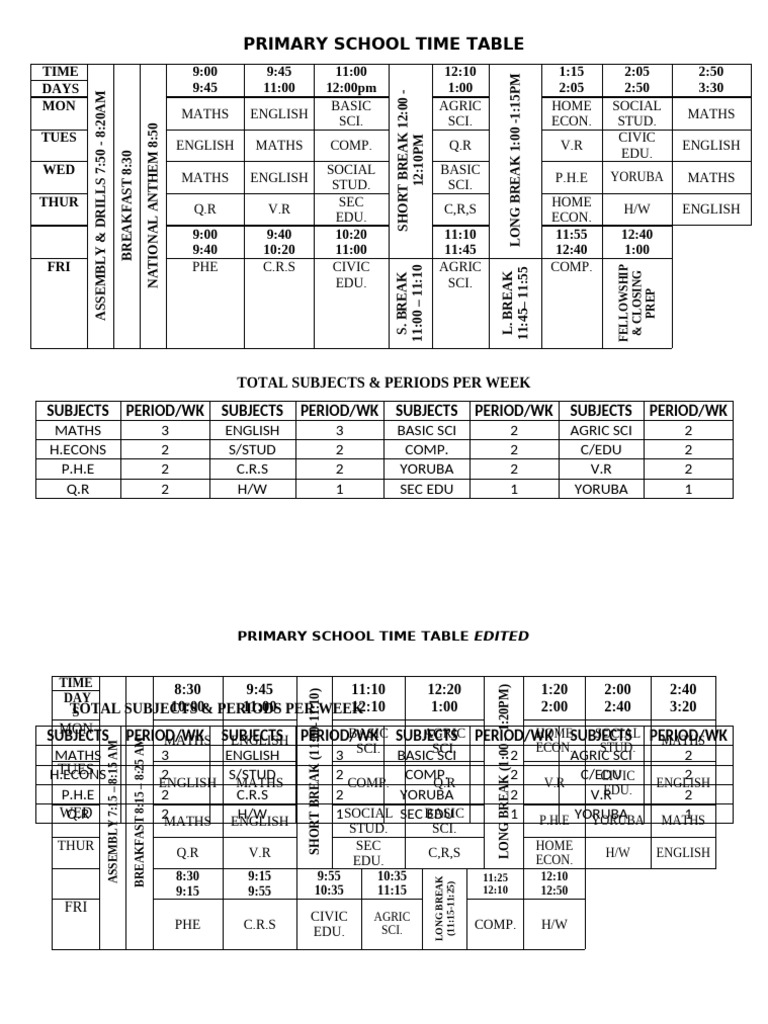 Revised Primary School Timetable 2025 | PDF