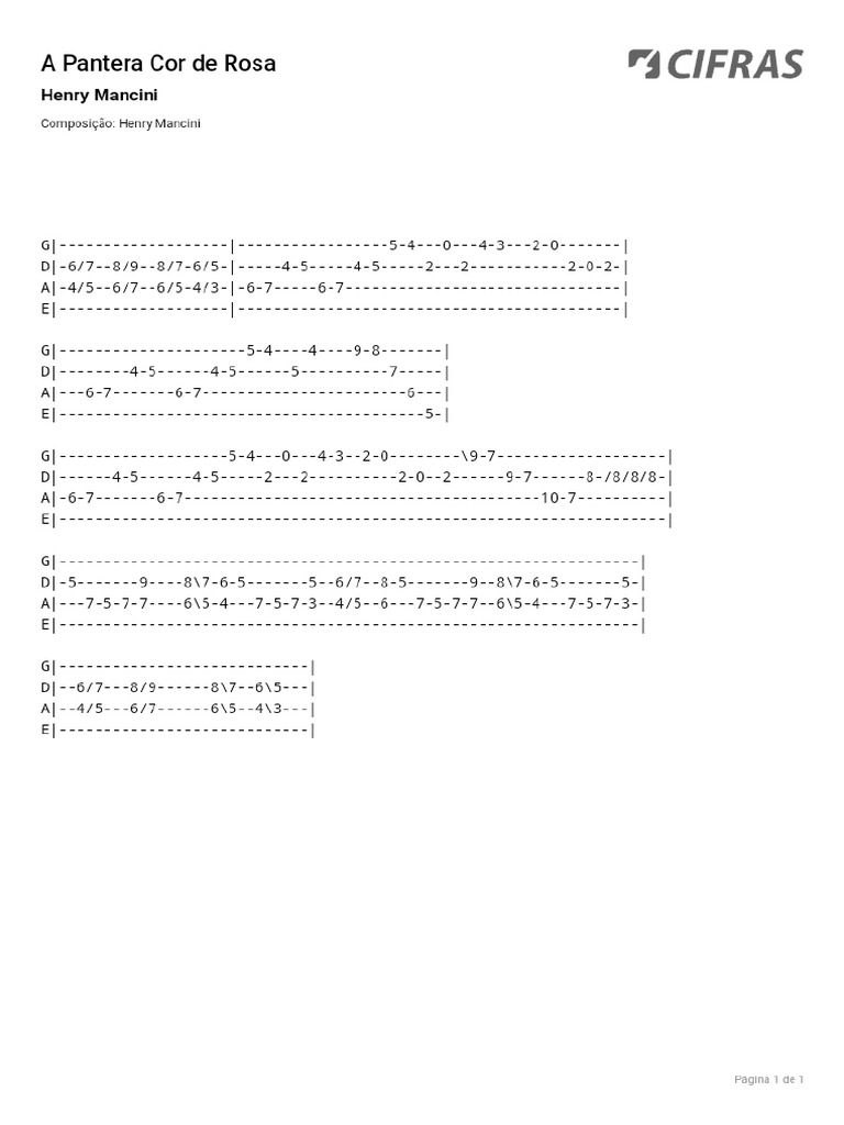 CIFRAS Tablatura Baixo Henry Mancini A Pantera Cor de Rosa | PDF