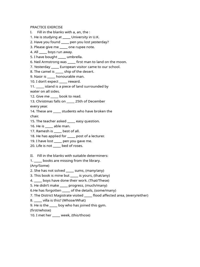 Practice Exercise: Fill in Blanks with Articles and Determiners | PDF
