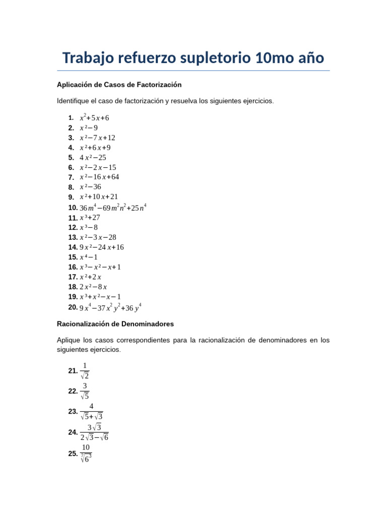 Ejercicios de Matemáticas 10mo Año | PDF | Sistema de ecuaciones ...
