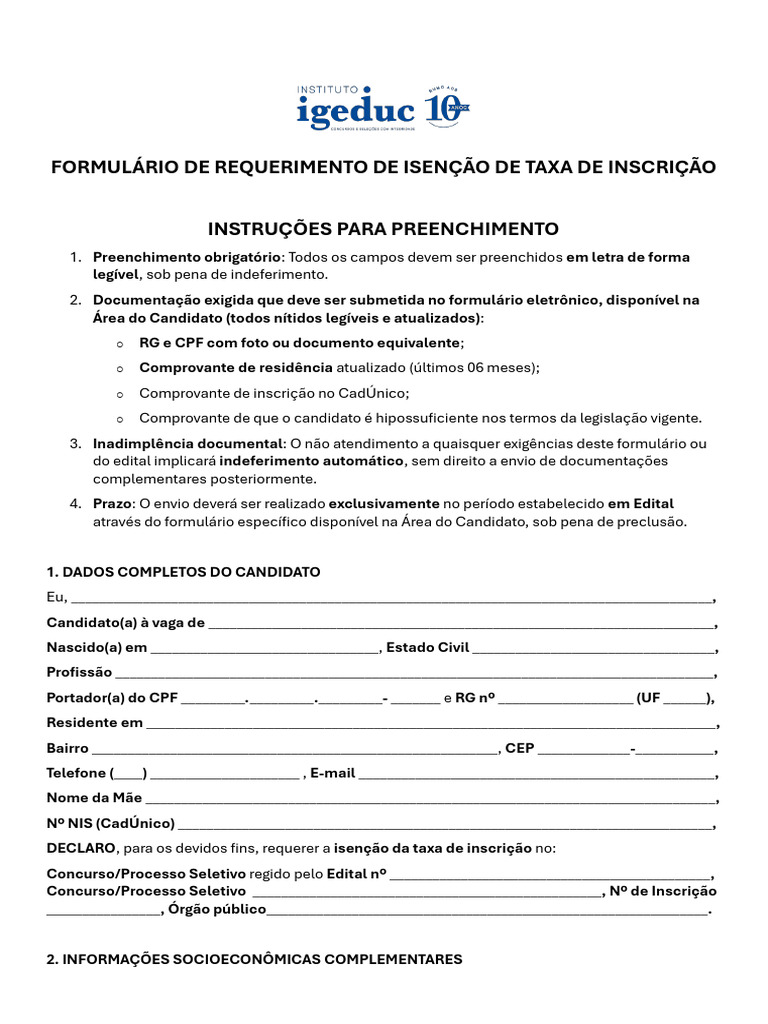 Formulário de Requerimento de Isenção de Taxa de Inscrição Instruções ...