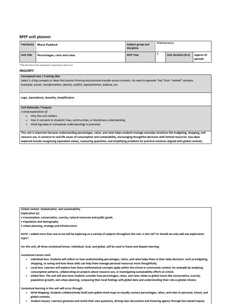MYP Math: Percentages, Ratios, Rates Unit | PDF | Educational ...