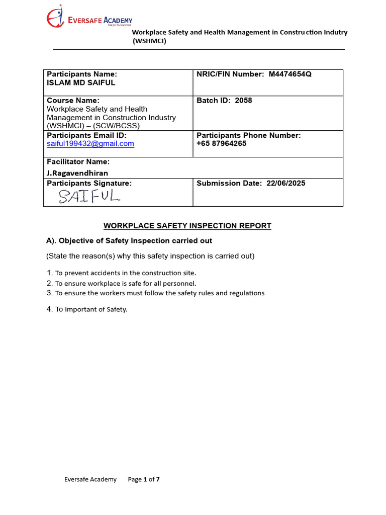 Construction Safety Inspection Report | PDF | Occupational Safety And ...