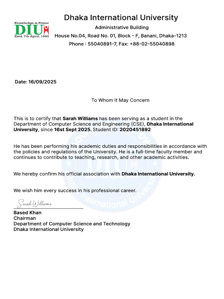 Student Certification for Sarah Williams | PDF
