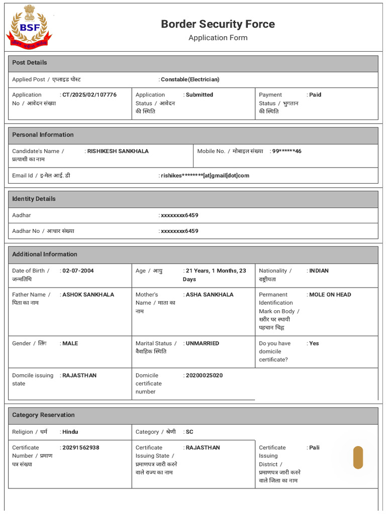 BSF Constable Application Details | PDF | Justice | Crime & Violence