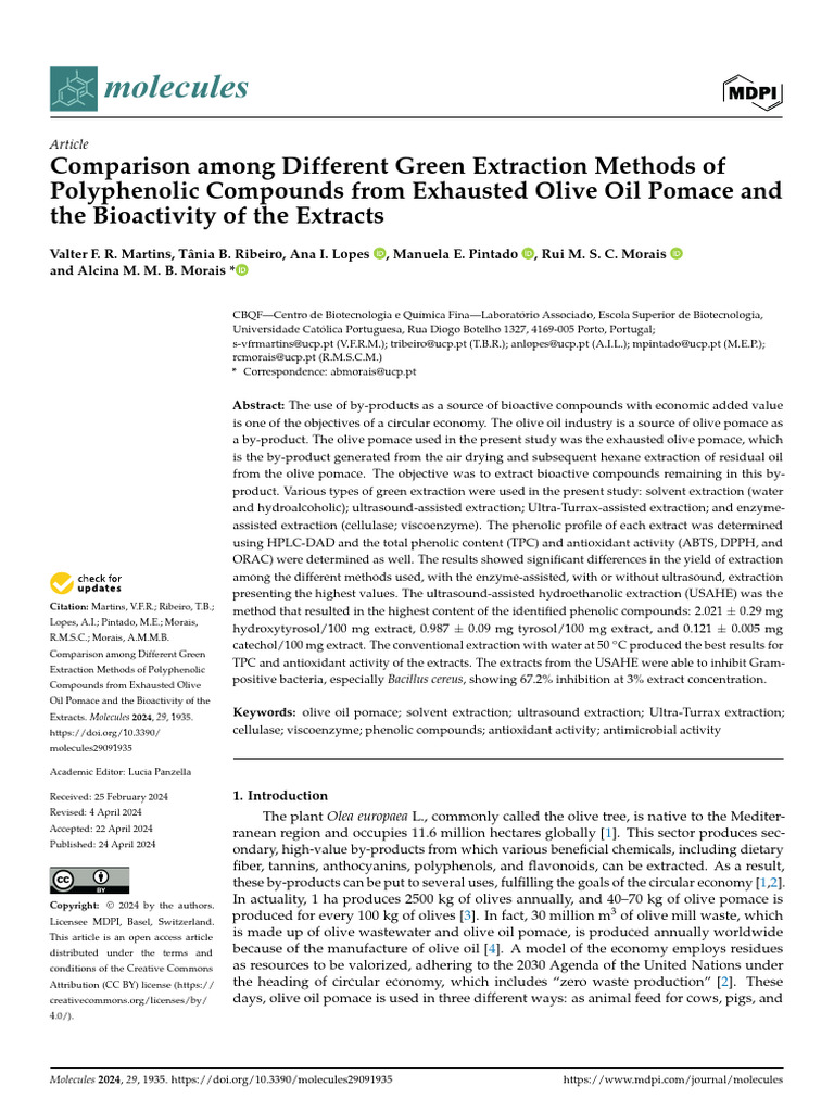 Green Extraction of Polyphenols from Olive Pomace | PDF | Polyphenol ...