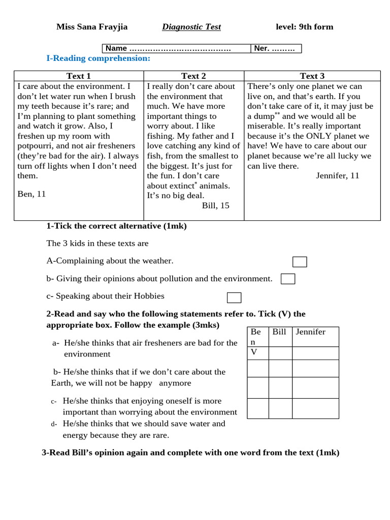 9 TH Form Diagnostic Test .Docx Version 1 | PDF