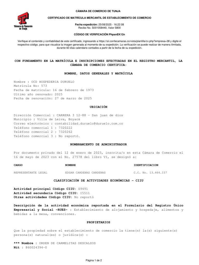 Copia Del Certificado de Cámara de Comercio | PDF