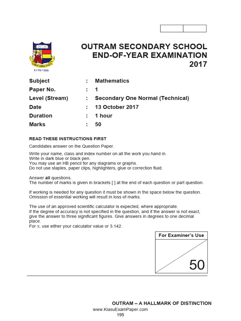 Sec 1 NT Math Exam Paper 2017 | PDF | Area | Significant Figures