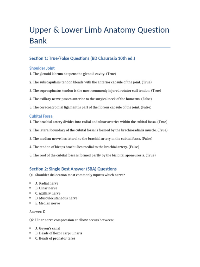 Upper & Lower Limb Anatomy Quiz | PDF