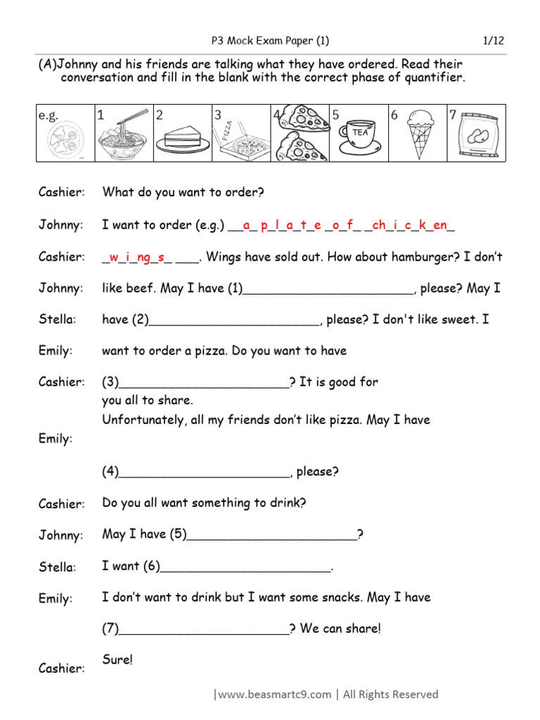 P3 Mock Exam Paper: Food & Verbs | PDF | European Cuisine | Food And Drink