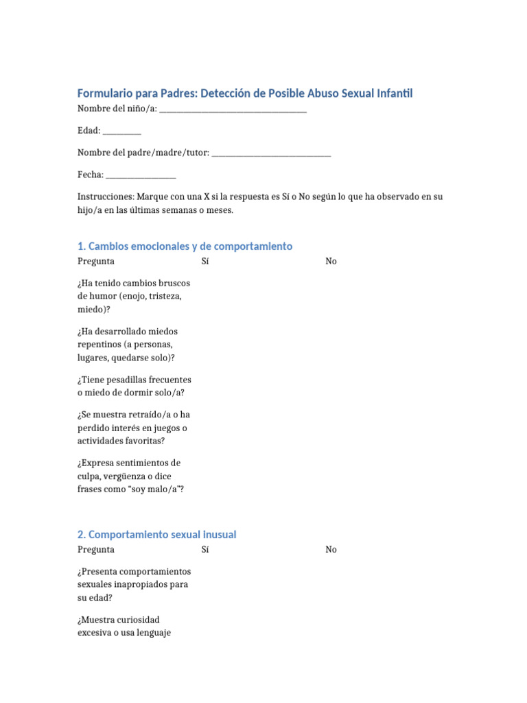 Formulario de Detección de Abuso Infantil | PDF | Abuso Sexual Infantil ...