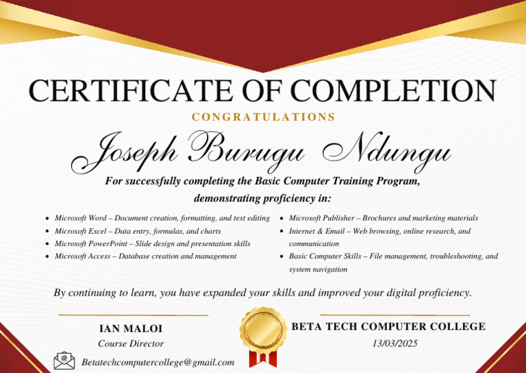 Basic Computer Proficiency Certificate | PDF