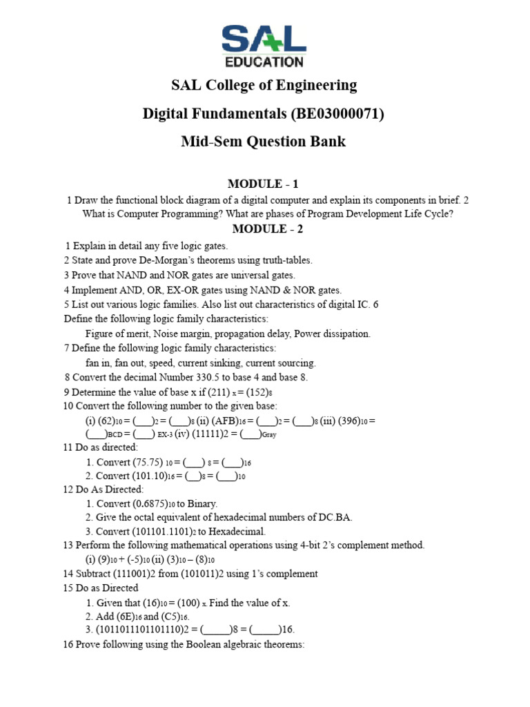 Digital Fundamentals Mid-Sem Q&A | PDF | Boolean Algebra | Teaching ...
