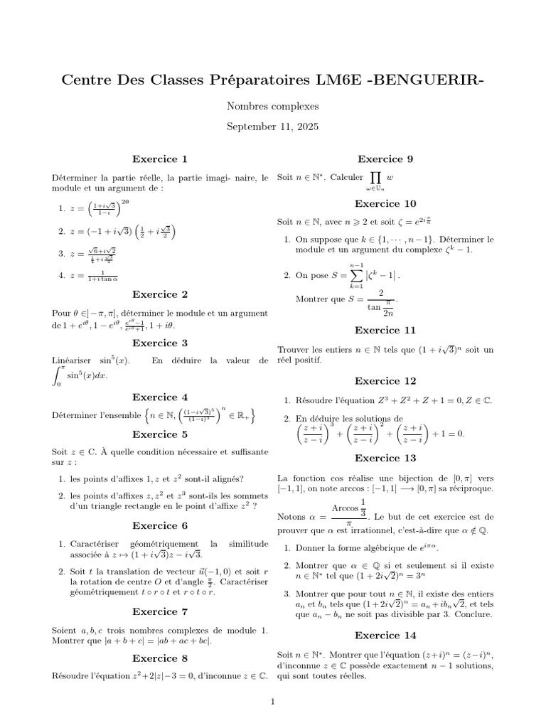Exercices sur les Nombres Complexes | PDF | Nombre complexe | Algèbre
