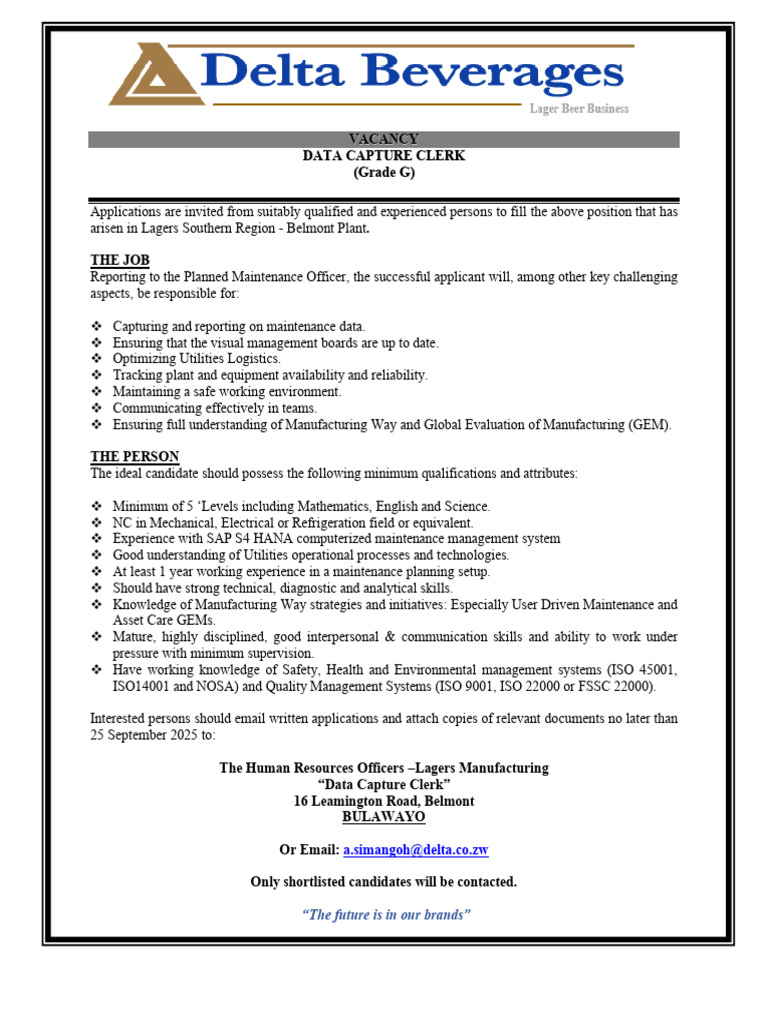 Advert - Data Capture Clerk (Belmont Plant) | PDF