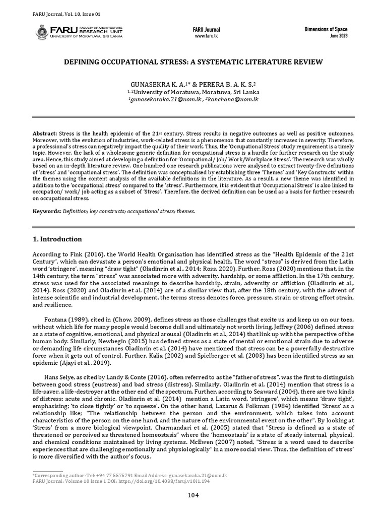 Defining Occupational Stress A Systematic Literatu | PDF | Stress ...