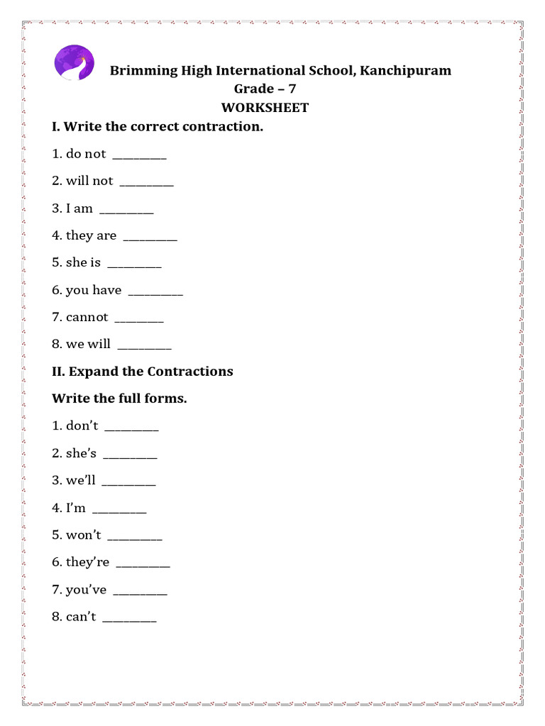 Grade 7 Contraction and Speech Worksheet | PDF | Chess Openings | Chess